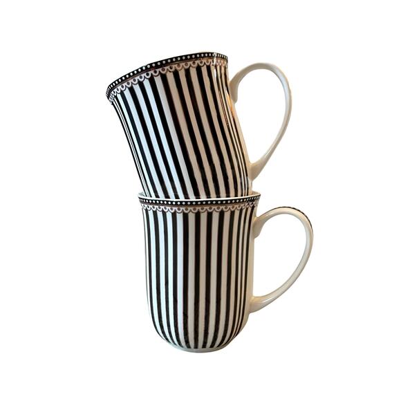 Grace Teaware Porcelain Coffee Mug Set of 2 Black & White Stripe Gold Accent New - Picture 2 of 16